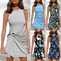 Fashion Printed Round Neck Sleeveless Wrap Bodycon Dress