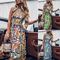 Fashion Floral Printed Round Neck Sleeveless Dress