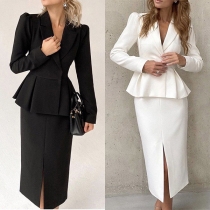 Elegant Solid Color Long Sleeve V-neck Ruffled Slit Bodycon Dress