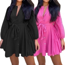 Fashion Solid Color Mock Neck Long Sleeve Buttoned Self-tie Dress
