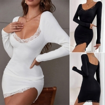Sexy Lace-spliced V-neck Backless Long Sleeve Bodycon Dress