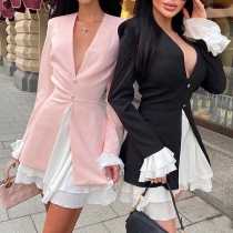 Fashion V-neck Buttoned Long Sleeve Contrast Color Ruffled Hemline Dress