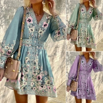Fashion Bohemia Style Floral Printed V-neck Long Sleeve Dress