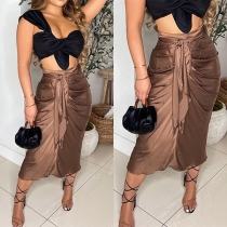 Fashion Solid Color Self-tie Ruched Skirt