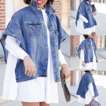 Fashion Old-washed Stand Collar Irregular Denim Jacket