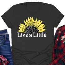 Casual Sunflower Letter Printed Round Neck Shirt Sleeve Shirt