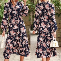 Vintage Fashion Floral Printed Long Sleeve Ruffled V-neck Dress
