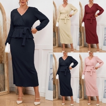 Fashion Solid Color Knitted Two-piece Set Consist of Long Sleeve Self-tie Shirt and Midi Skirt
