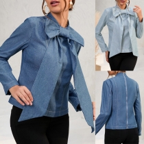 Mode långärmad jeansskjorta med mock-neck och rosett