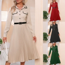 Fashion Polo Neck Buttoned Long Sleeve Pleated Midi Dress