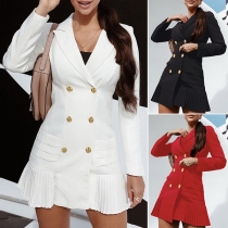 Elegant Solid Color Long Sleeve Laple V-neck Double-breasted Ruched Hemline A-line Dress
