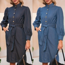 Vintage Buttoned Mock Neck Long Sleeve Self-tie Denim Dress
