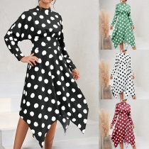 Casual Irrgular Polka-dot Printed Mock Neck Long Sleeve Irregular Hemline Dress