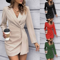 Elegant Solid Color Laple V-neck Long Sleeve Ruched Suit Dress