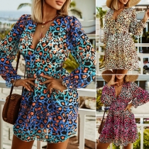 Fashion Gradient Color Leopard Print V-neck Long Sleeve Dress