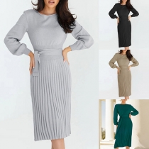 Fashion Solid Color Round Neck Long Sleeve Self-tie Self-tie Bodycon Basic Knitted Midi Dress