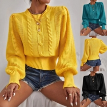Fashion Solid Color Round Neck Lantern Long Sleeve Twist Pullover Sweater