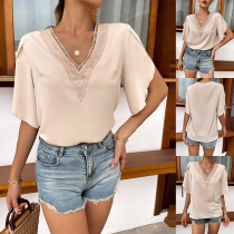 Fashion Solid Color Lace Spliced V-neck Short Sleeve Shirt