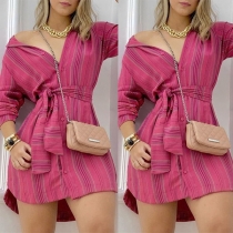 Fashion Vertical Stripe Printed V-neck Long Sleeve Self-tie Shirt Dress