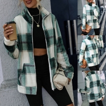 Fashion Contrast Color Checked Stand Collar Long Sleeve Plush Jacket