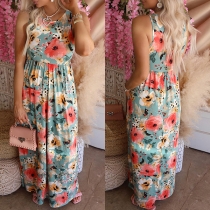 Fashion Floral Printed Round Neck Sleeveless Maxi Dress
