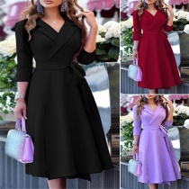 Elegant Solid Color Lapel Self-tie Elbow Sleeve Mini Dress