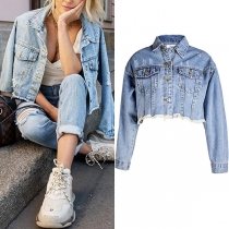 BF Style Old-wash Frayed Hemline Short Denim Jacket