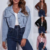 Fashion Solid Color Notch Lapel Långärmad Corduroy Crop Jacka