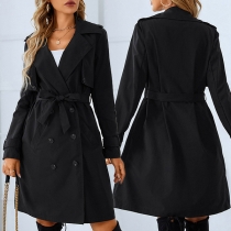 Fashion Solid Color  Notched Lapel Double Breasted Self-tie Jacket