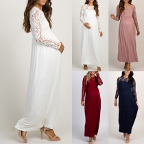 Fashion Lace Spliced Long Sleeve Round Neck Maternity Dress