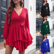 Fashion Solid Color Long Sleeve V-neck Self-tie Irregular Pleated Hemline Dress