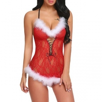 Kontrastfärgad plysch spetsdetaljer självknytande underkläder bodysuit för jul