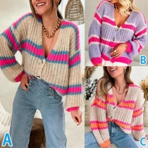 Casual V-ringad cardigan med kontrastfärg och långa ärmar