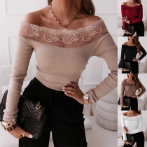 Sexy Lace Spliced Long Sleeve Knitted Shirt