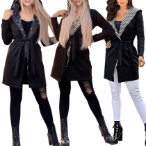 Fashion Long Sleeve Lapel Hoodied Self-tie Longline Windbreaker Jacket