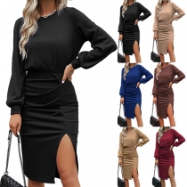 Mode förslutning av enfärgad långärmad rundhalsad Ruched Slits Bodycon Klänning.