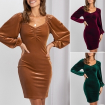 Fashion Solid Color V-neck Long Sleeve Bodycon Dress