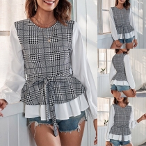 Fashion Checkered Round Neck Long Sleeve Ruffled Self-tie Shirt