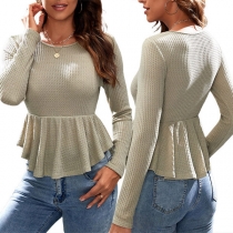 Casual Solid Color Round Neck Long Sleeve Ruffled Hemline Knitted Shirt