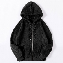 Casual Black Plush Hooded Jacket