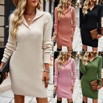 Fashion Solid Color Buttoned V-neck Knitted Dress