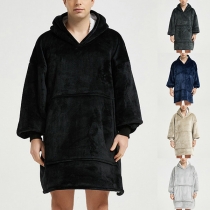 Fashion Solid Color Long Sleeve Front-pocket Lamb Fleece Spliced Flannel Huggle Hoodie Oversized Wearable Hoodie TV Blanket for Men