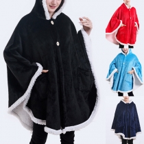Fashion Contrast Color  Lamb Fleece Spliced Flannel Hoodie Shawl Wearable Sofa Blanket TV Blanket