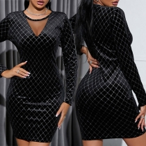 Fashion Rhinestone Netted Long Sleeve Bodycon Dress