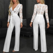 Sexig spetsskarvad V-ringad Jumpsuit med självknytning och vida ben