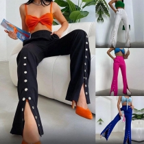 Fashion Solid Color Buttoned Slit High-waist Elastic Pants