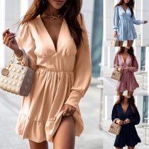 Fashion Solid Color V-neck Long Sleeve Tiered Dress
