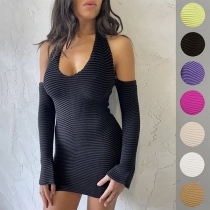 Fashion Solid Color Halter Neck Open-shoulder Long Sleeve Ribbed Knitted Dress