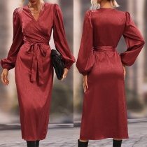 Fashion Solid Color Long Sleeve Self-tie Wrap Midi Dress