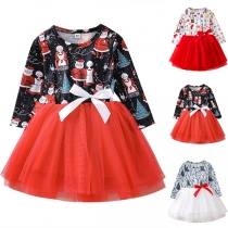 Fashion Printed Bowknot Gauze Spliced Christmas Dress for Girls
